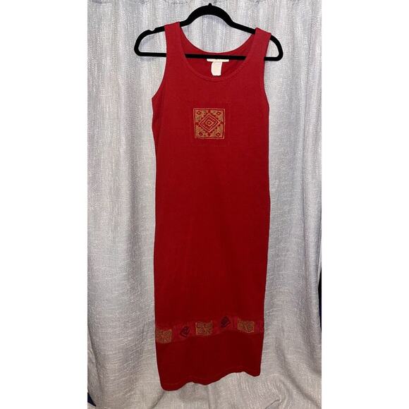 VINTAGE Sweet Jessie Dress Women M RED Maxi Linen Blend Art to Wear Boho Jumper - Picture 8 of 11